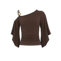 Retro Spice Girl T-shirt Collar Pleated Off Shoulder Beaded Slanted Short Sleeved Summer Casual Slimming Fit Top for Women