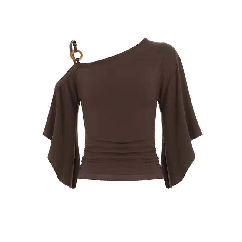 Retro Spice Girl T-shirt Collar Pleated Off Shoulder Beaded Slanted Short Sleeved Summer Casual Slimming Fit Top for Women
