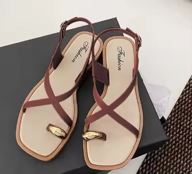 Women's Roman Style Toe-Over Sandals Flat Bottom Outdoor Wear Crossbody PVC Material Anti-Slip Low Heel Footwear
