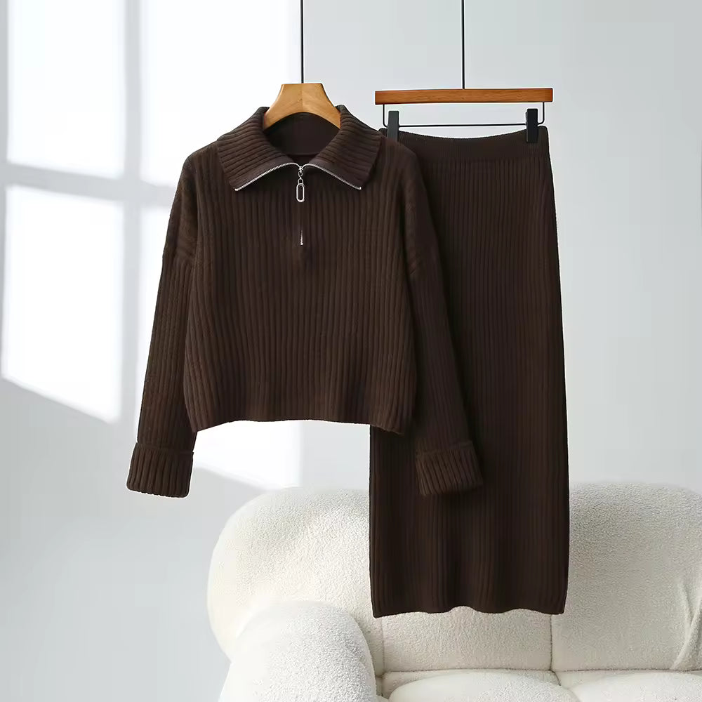 Loose Knitted Sweater Set Casual Fashion Artistic Vintage Style Half-Zip Collared Knitwear Two-Piece Set Natalia Home Fashion    Natalia Home Fashion