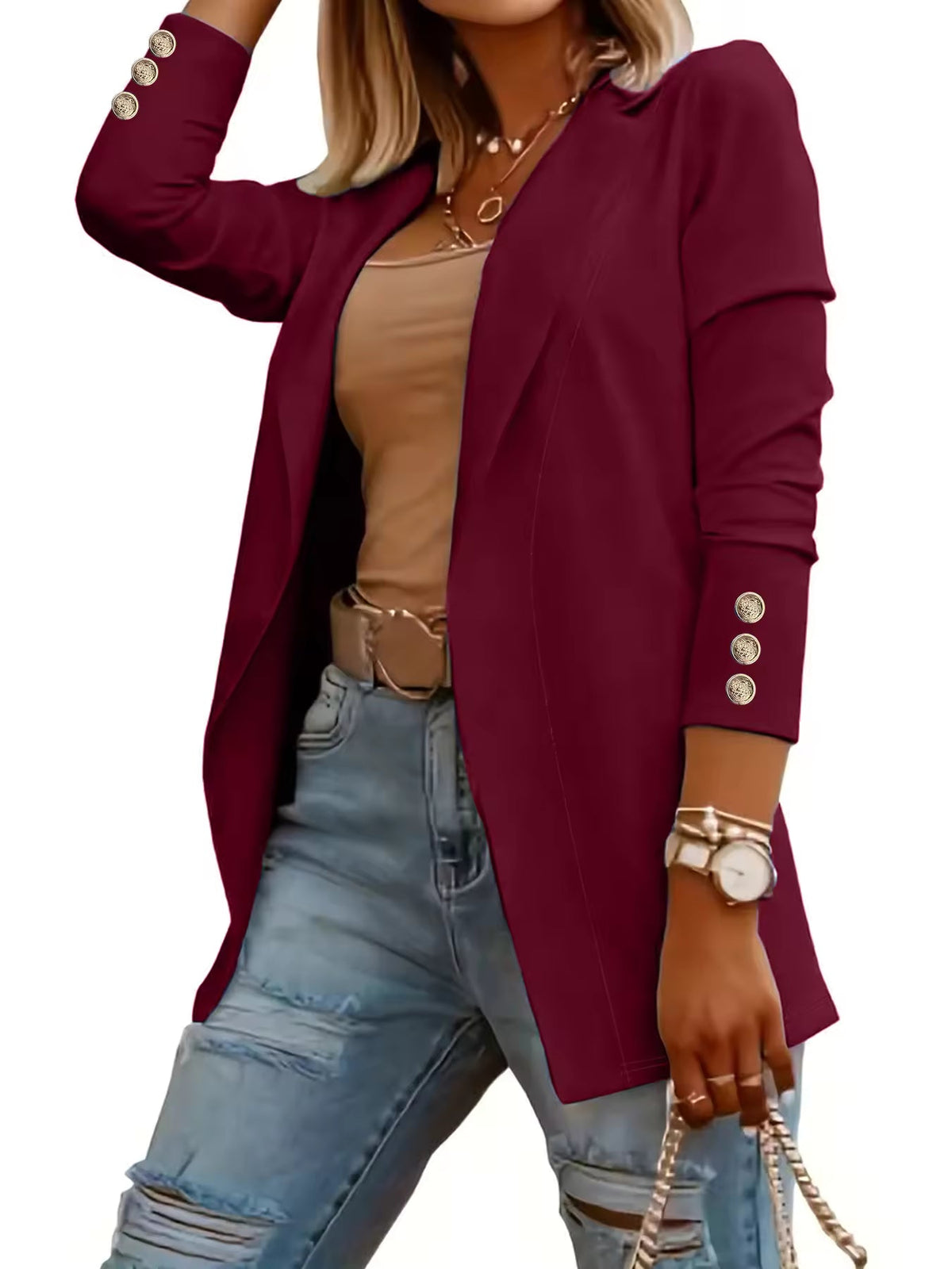 Women Metallic Button Long Sleeve Casual Blazer Female Notched Cardigan Jacket Outwear Natalia Home Fashion    Natalia Home Fashion