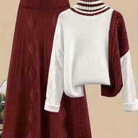 Women's Cable Knit Two Piece Set: High Neck Long Sleeve Sweater & A-Line Midi Skirt, Casual Elegant Pullover Outfit Natalia Home Fashion    Natalia Home Fashion