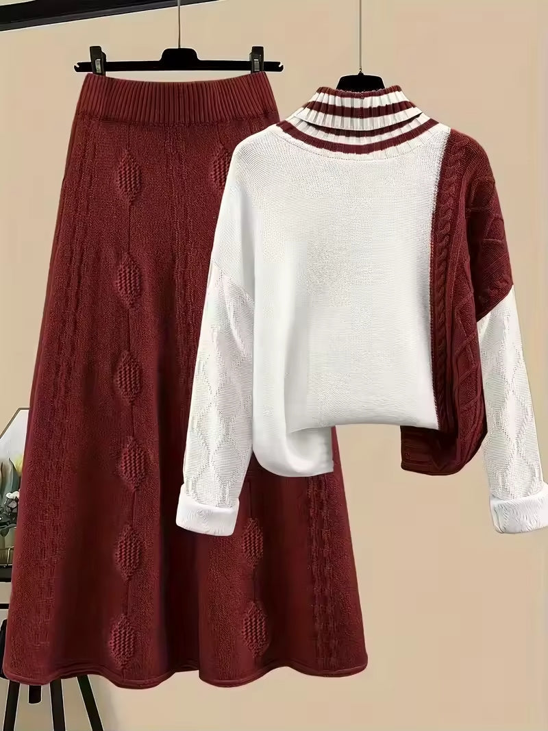 Women's Cable Knit Two Piece Set: High Neck Long Sleeve Sweater & A-Line Midi Skirt, Casual Elegant Pullover Outfit Natalia Home Fashion    Natalia Home Fashion