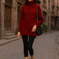 Turtlenecks Women Pullovers Mid-Long Casual Knit Sweater Fad Raglan Sleeves Side Slit Sweater New Skirt-style Jumper
