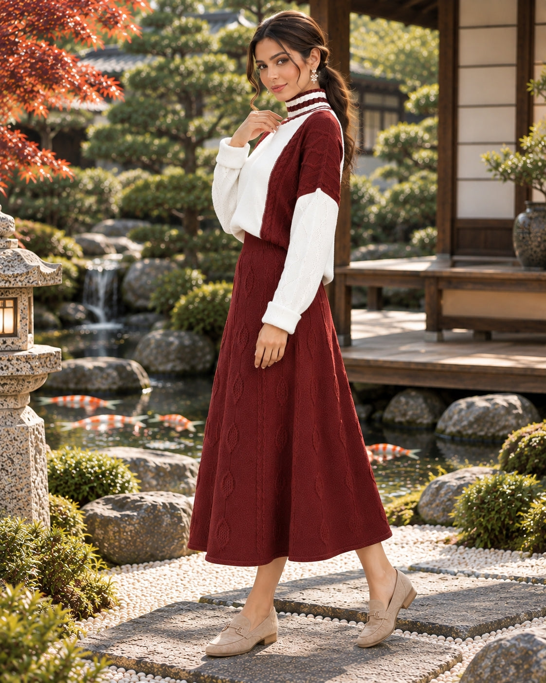Women's Cable Knit Two Piece Set: High Neck Long Sleeve Sweater & A-Line Midi Skirt, Casual Elegant Pullover Outfit Natalia Home Fashion    Natalia Home Fashion