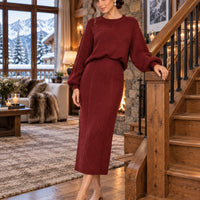 Women's clothing 2-piece set, fashionable twist rope long skirt + crew neck sweater two-piece set Natalia Home Fashion    Natalia Home Fashion
