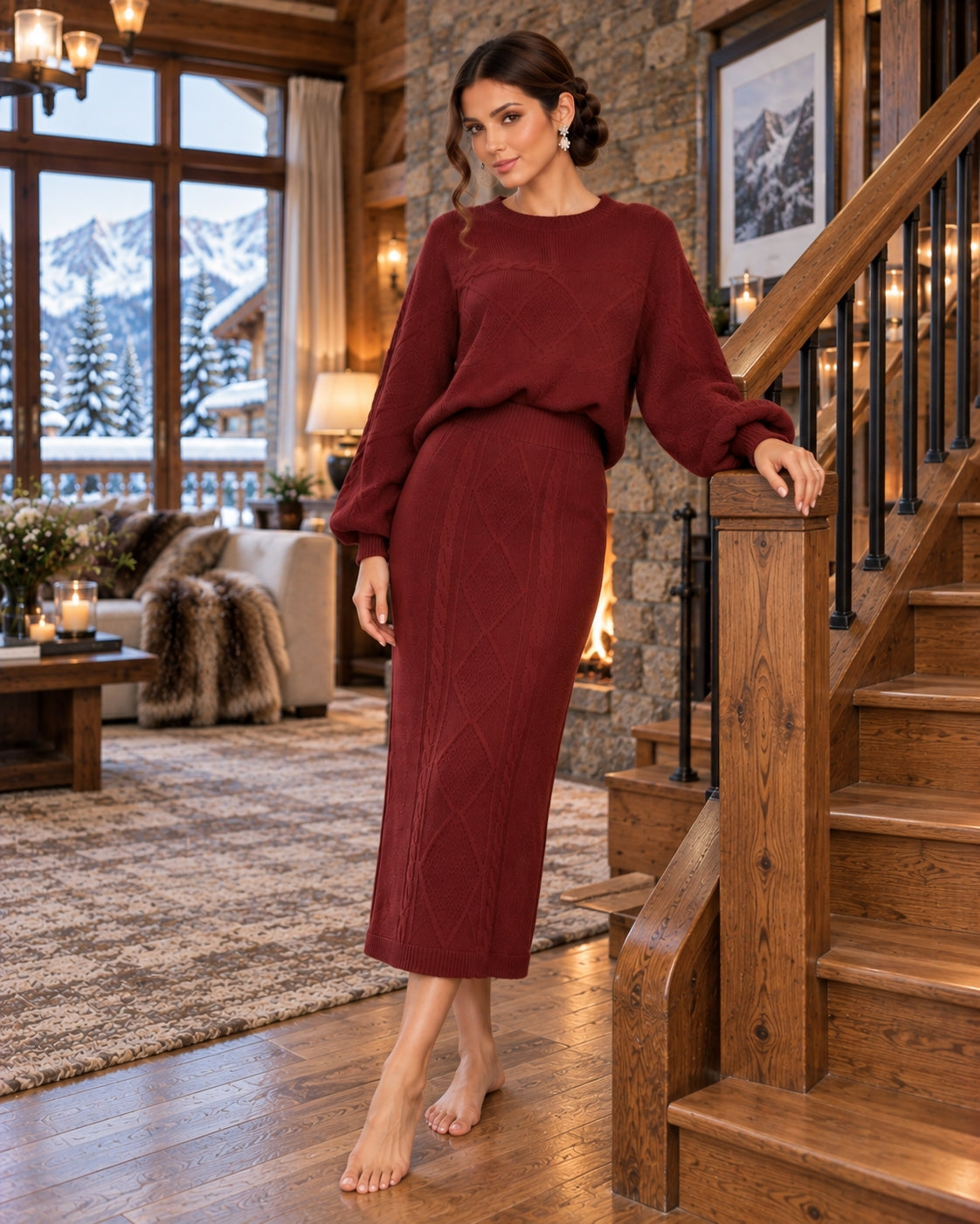 Women's clothing 2-piece set, fashionable twist rope long skirt + crew neck sweater two-piece set Natalia Home Fashion    Natalia Home Fashion