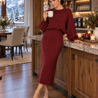 Women's clothing 2-piece set, fashionable twist rope long skirt + crew neck sweater two-piece set Natalia Home Fashion    Natalia Home Fashion