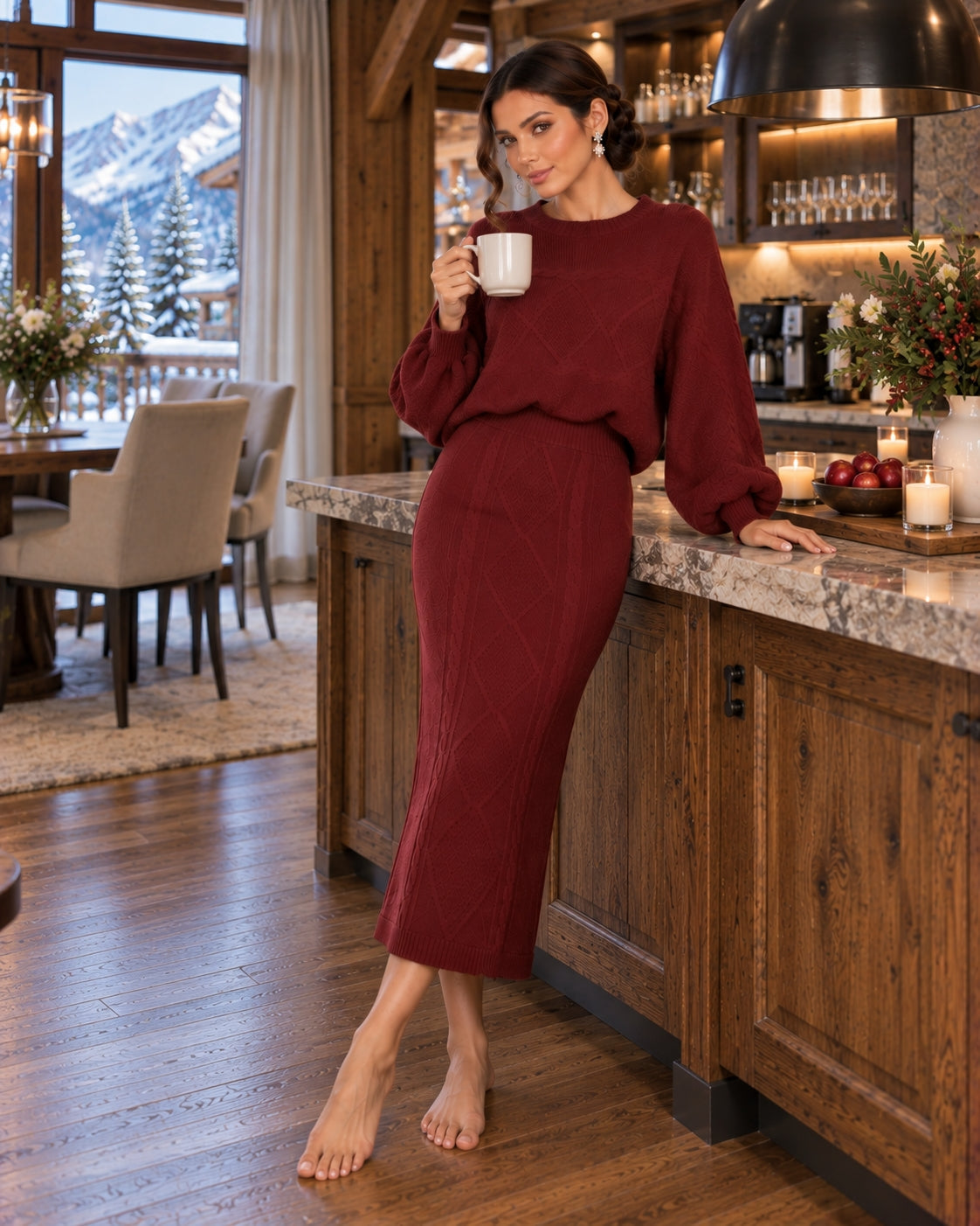 Women's clothing 2-piece set, fashionable twist rope long skirt + crew neck sweater two-piece set Natalia Home Fashion    Natalia Home Fashion
