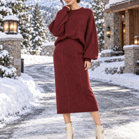 Women's clothing 2-piece set, fashionable twist rope long skirt + crew neck sweater two-piece set Natalia Home Fashion    Natalia Home Fashion