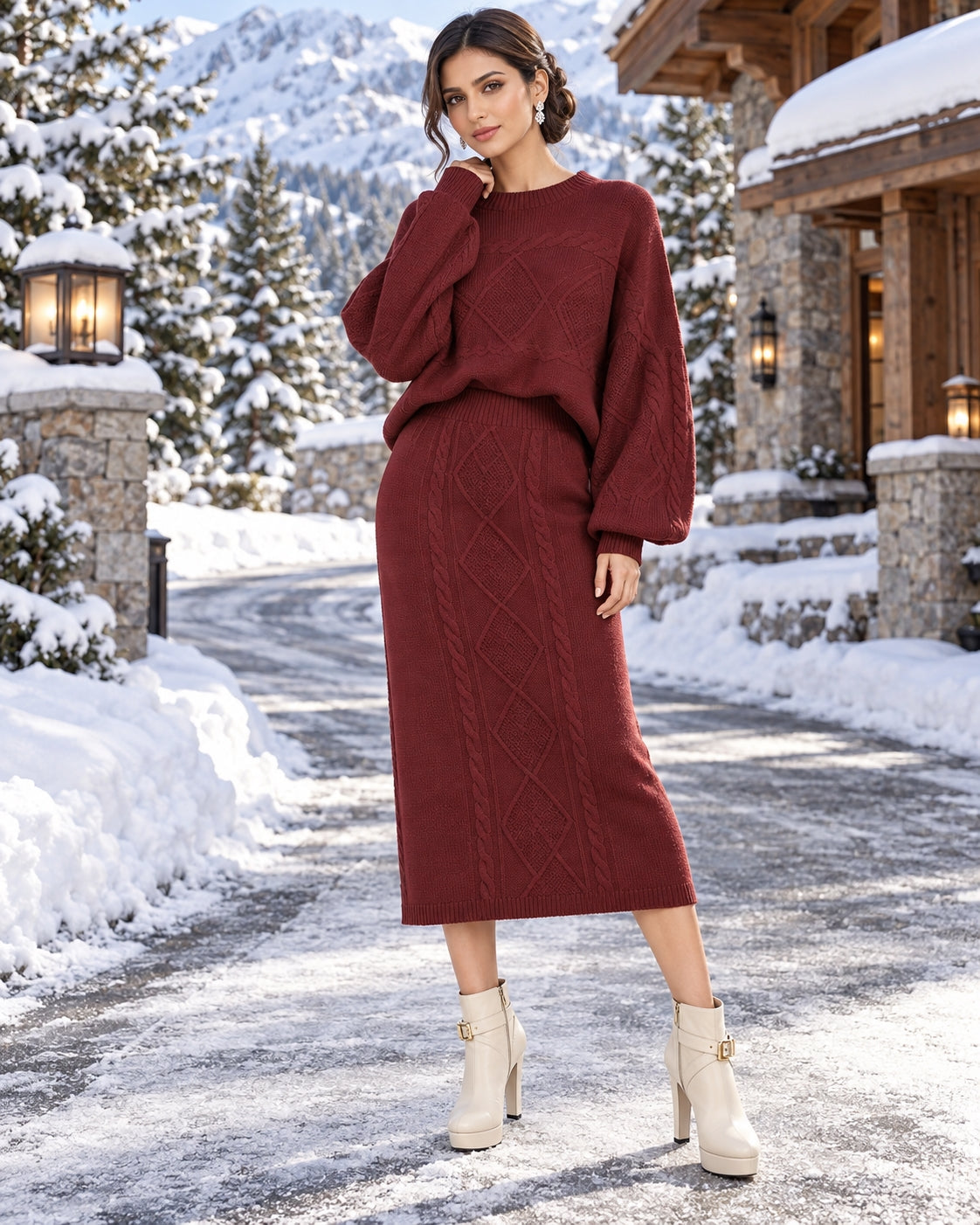 Women's clothing 2-piece set, fashionable twist rope long skirt + crew neck sweater two-piece set Natalia Home Fashion    Natalia Home Fashion