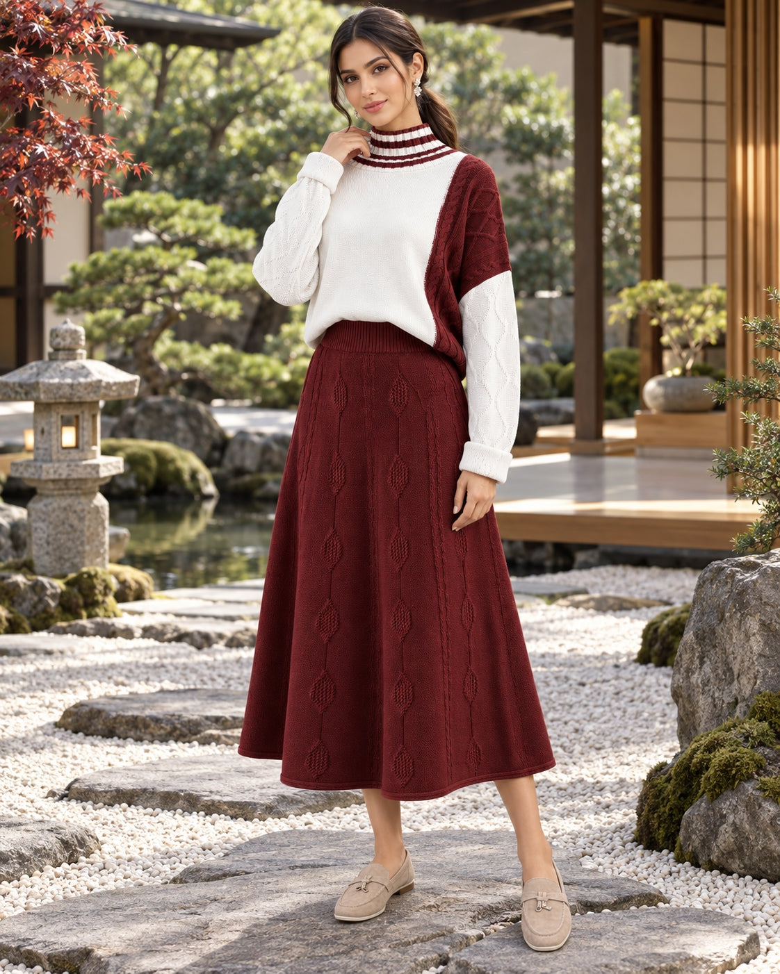 Women's Cable Knit Two Piece Set: High Neck Long Sleeve Sweater & A-Line Midi Skirt, Casual Elegant Pullover Outfit Natalia Home Fashion    Natalia Home Fashion