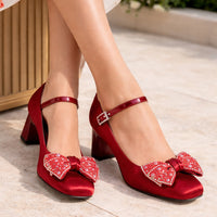 Rhinestone bow Women Pumps Coarse heel Women shoes middle heel Luxury banquet shoes satin square head Ladies shoes