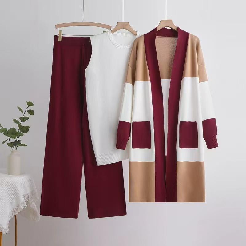 Women's 3PC Knit Set - Cardigan Tank Top Wide Leg Pants  Cross-Border Outfit Natalia Home Fashion    Natalia Home Fashion