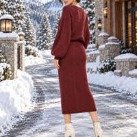 Women's clothing 2-piece set, fashionable twist rope long skirt + crew neck sweater two-piece set Natalia Home Fashion    Natalia Home Fashion