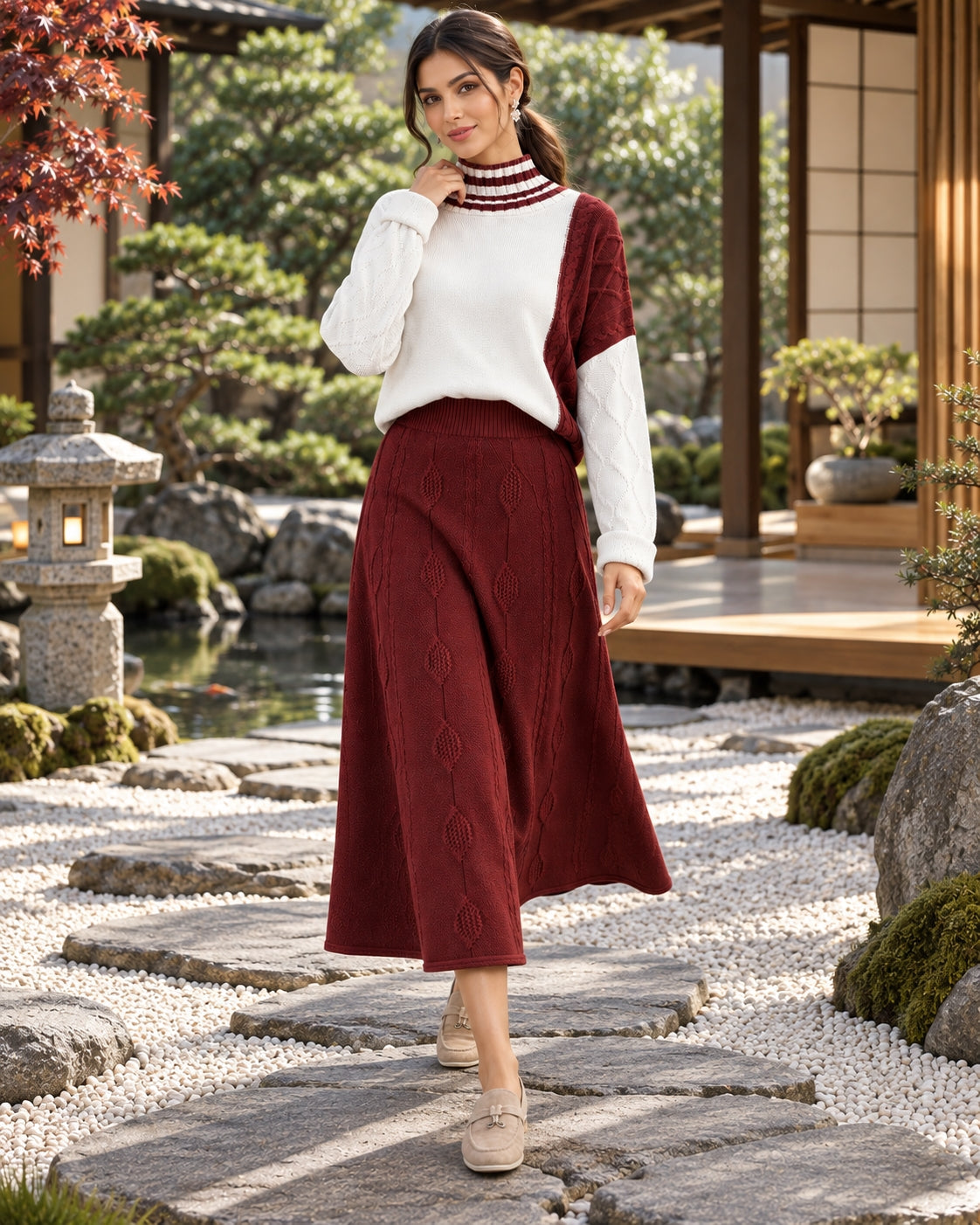 Women's Cable Knit Two Piece Set: High Neck Long Sleeve Sweater & A-Line Midi Skirt, Casual Elegant Pullover Outfit Natalia Home Fashion    Natalia Home Fashion