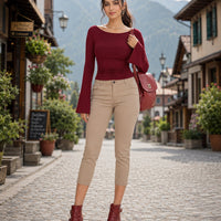 Solid Color Boat Collar Flared Sleeve T-shirt for Women Slim Fit Pleated Slim Top Long Sleeves Natalia Home Fashion    Natalia Home Fashion