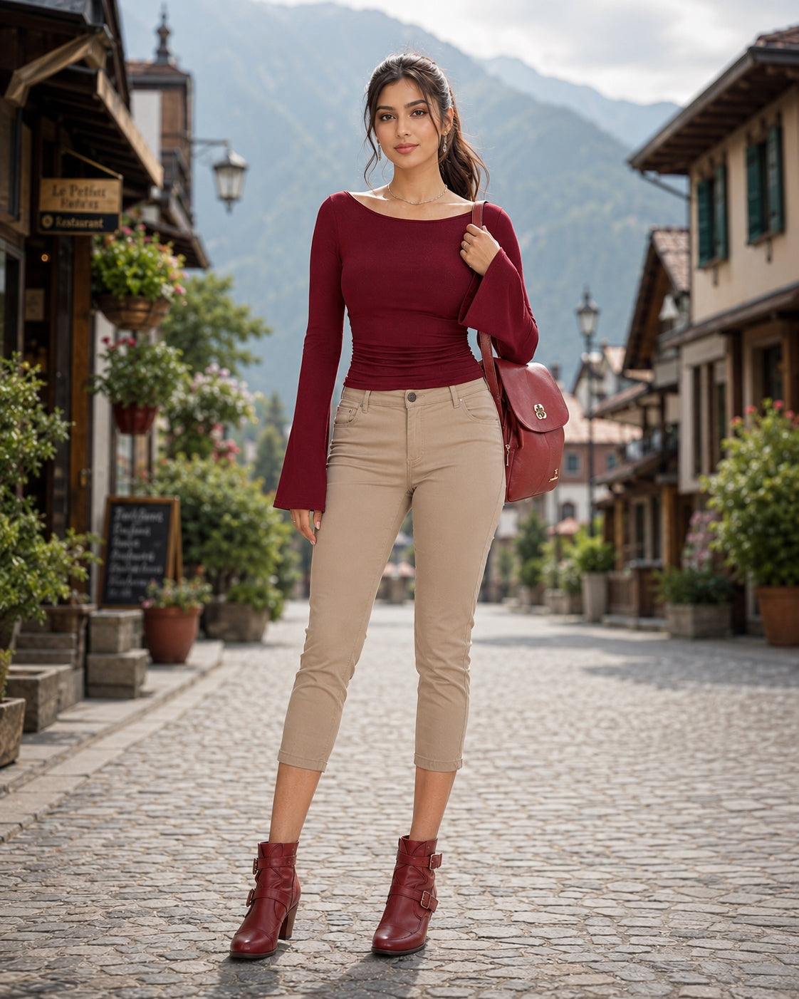 Solid Color Boat Collar Flared Sleeve T-shirt for Women Slim Fit Pleated Slim Top Long Sleeves Natalia Home Fashion    Natalia Home Fashion