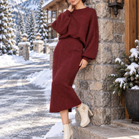 Women's clothing 2-piece set, fashionable twist rope long skirt + crew neck sweater two-piece set Natalia Home Fashion    Natalia Home Fashion