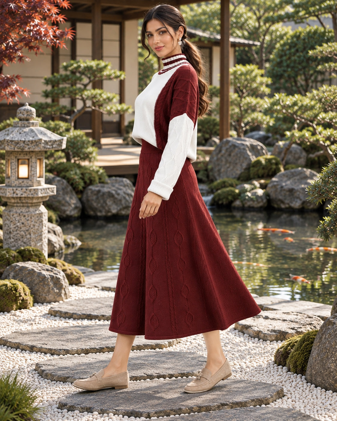 Women's Cable Knit Two Piece Set: High Neck Long Sleeve Sweater & A-Line Midi Skirt, Casual Elegant Pullover Outfit Natalia Home Fashion    Natalia Home Fashion