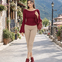 Solid Color Boat Collar Flared Sleeve T-shirt for Women Slim Fit Pleated Slim Top Long Sleeves Natalia Home Fashion    Natalia Home Fashion