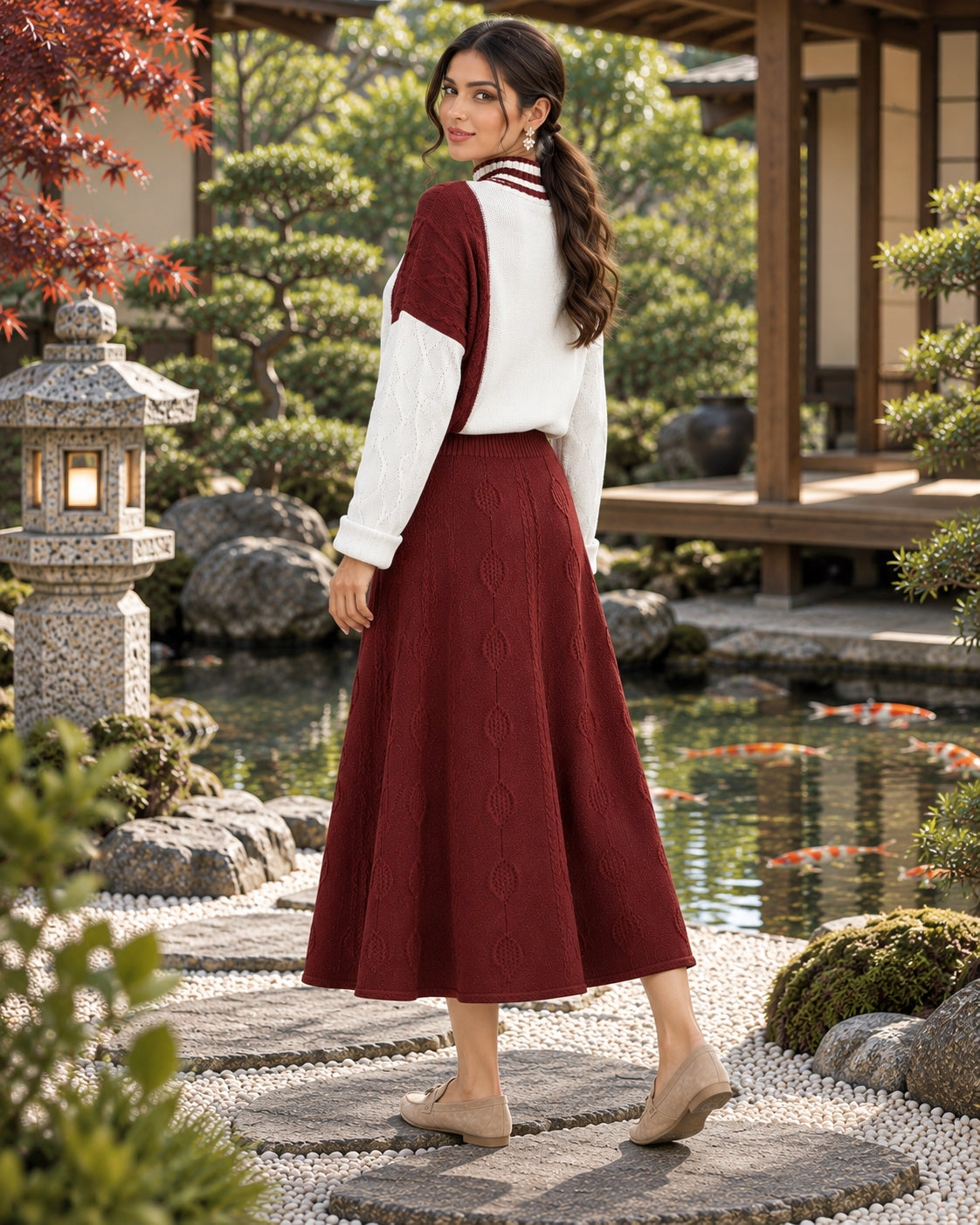 Women's Cable Knit Two Piece Set: High Neck Long Sleeve Sweater & A-Line Midi Skirt, Casual Elegant Pullover Outfit Natalia Home Fashion    Natalia Home Fashion