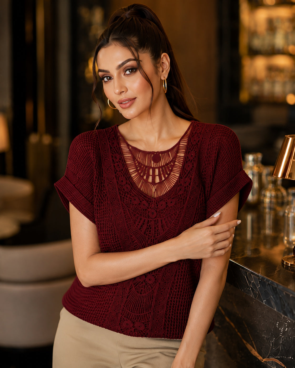 T shirt women fashion lace patchwork short-sleeved T-shirt solid color women's clothing Natalia Home Fashion    Natalia Home Fashion