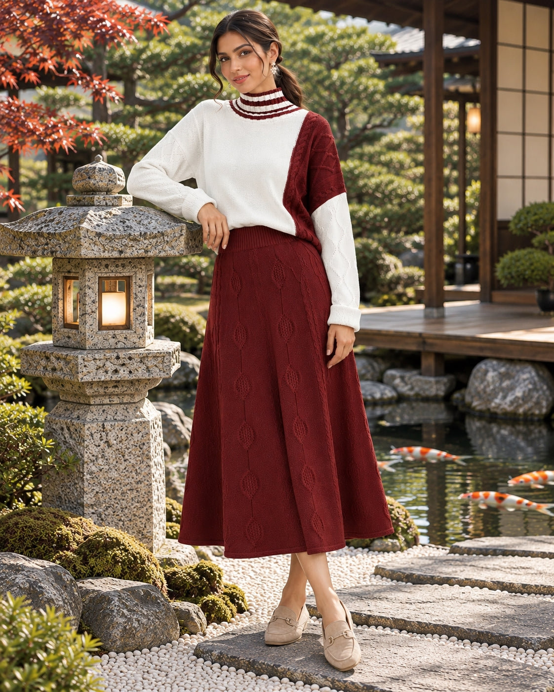Women's Cable Knit Two Piece Set: High Neck Long Sleeve Sweater & A-Line Midi Skirt, Casual Elegant Pullover Outfit Natalia Home Fashion    Natalia Home Fashion