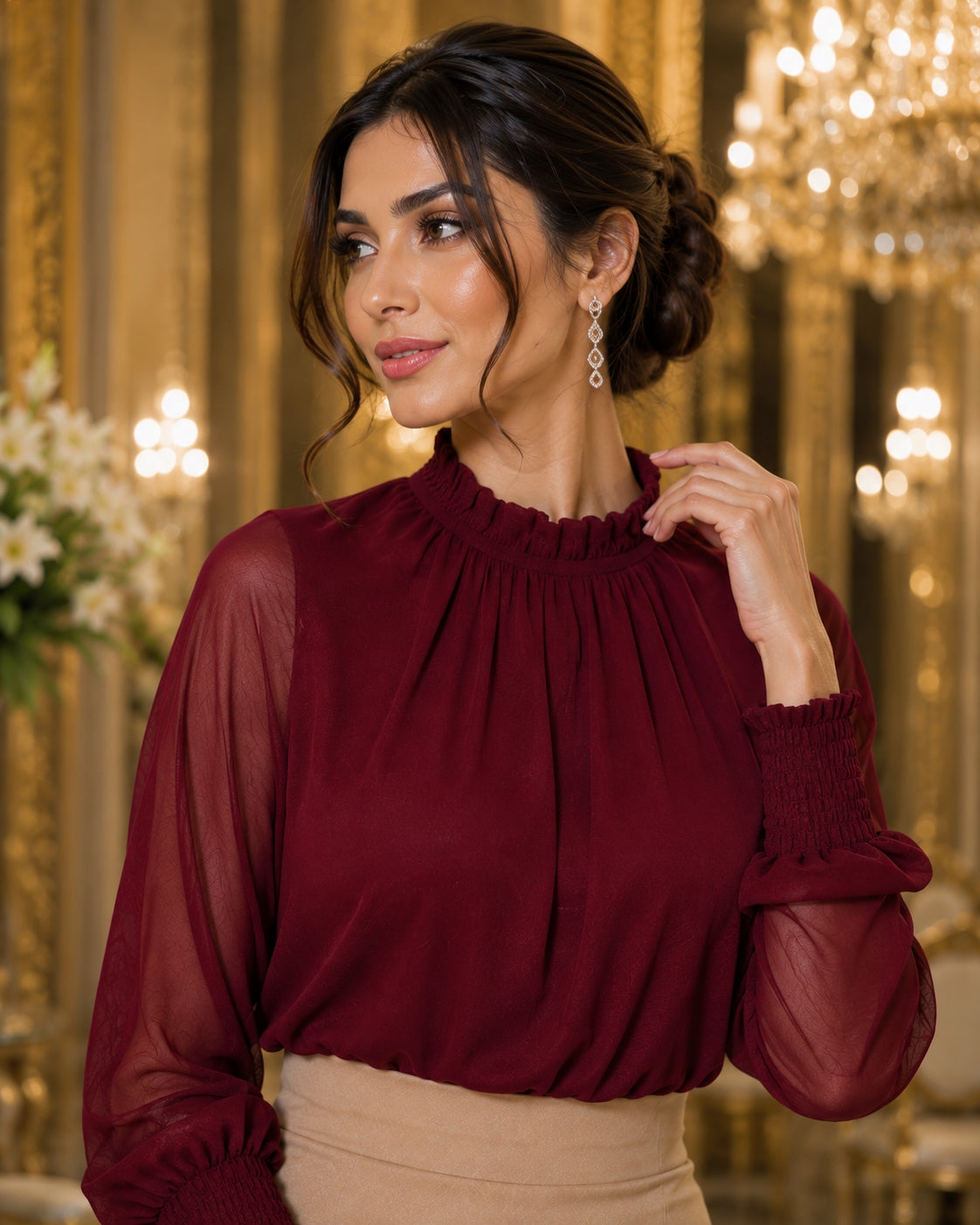 Women's Chiffon Shirt Stand Collar Base Layer Top Fashion Sexy Mesh Lace Trim Long Sleeve Blouse Natalia Home Fashion    Natalia Home Fashion