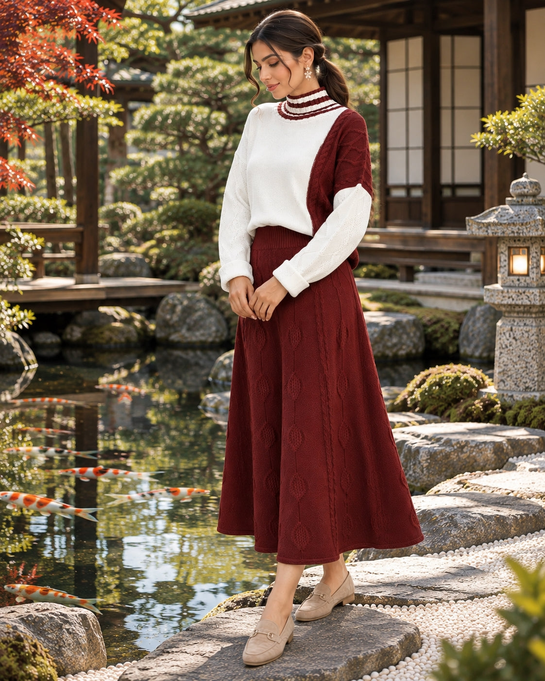 Women's Cable Knit Two Piece Set: High Neck Long Sleeve Sweater & A-Line Midi Skirt, Casual Elegant Pullover Outfit Natalia Home Fashion    Natalia Home Fashion