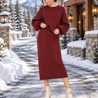 Women's clothing 2-piece set, fashionable twist rope long skirt + crew neck sweater two-piece set Natalia Home Fashion    Natalia Home Fashion