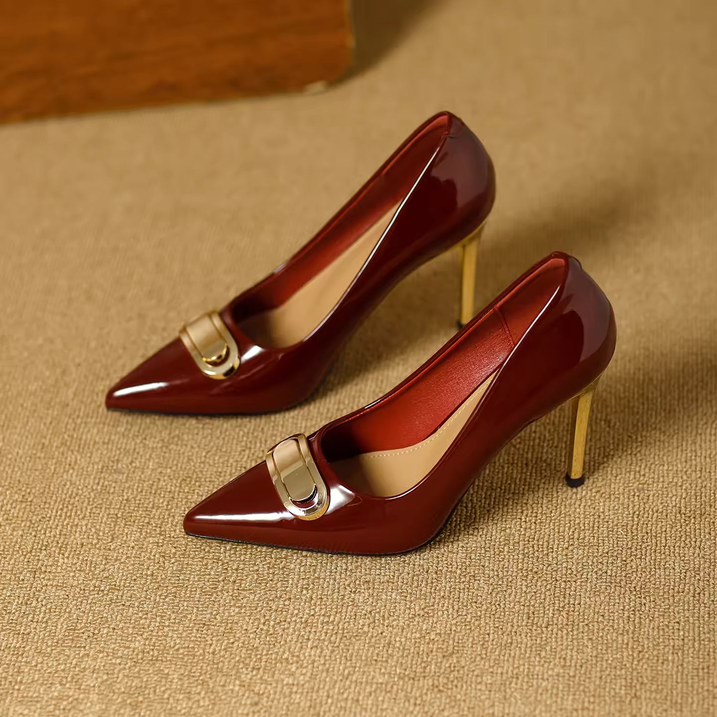 French Style Single Shoes Spring Women Pumps New Pointed Toe Shallow Mouth Metallic Buckle Commuting Shoes Stiletto Single Shoes