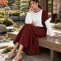 Women's Cable Knit Two Piece Set: High Neck Long Sleeve Sweater & A-Line Midi Skirt, Casual Elegant Pullover Outfit Natalia Home Fashion    Natalia Home Fashion