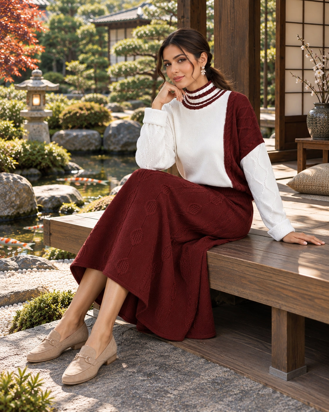 Women's Cable Knit Two Piece Set: High Neck Long Sleeve Sweater & A-Line Midi Skirt, Casual Elegant Pullover Outfit Natalia Home Fashion    Natalia Home Fashion