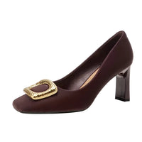Basic Shallow Square Toe Women Pumps High Quality PU Leather Matte Thick Heel Office Shoes Woman Maroon 7CM High Heels
