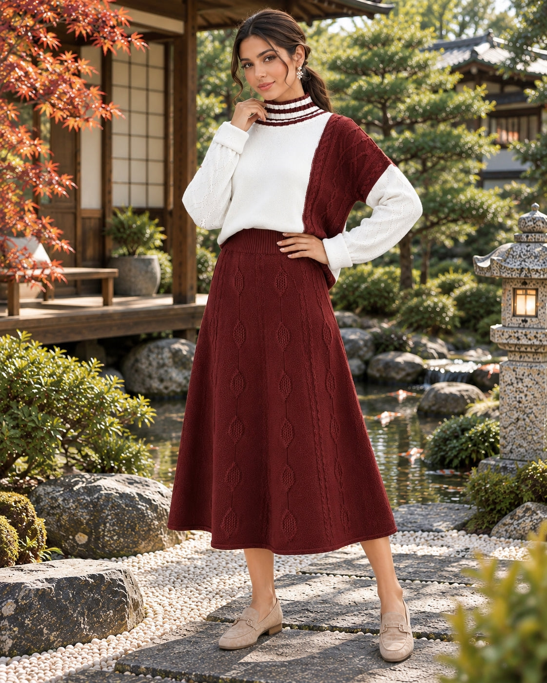 Women's Cable Knit Two Piece Set: High Neck Long Sleeve Sweater & A-Line Midi Skirt, Casual Elegant Pullover Outfit Natalia Home Fashion    Natalia Home Fashion