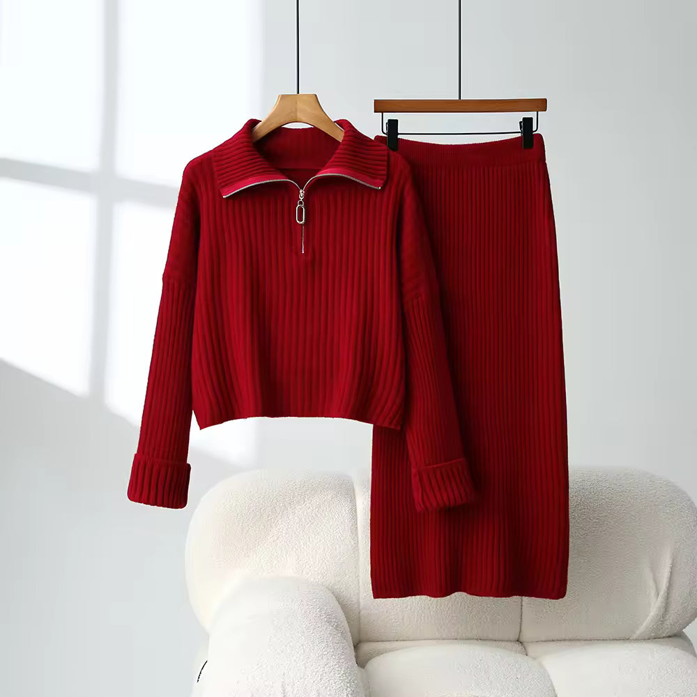 Loose Knitted Sweater Set Casual Fashion Artistic Vintage Style Half-Zip Collared Knitwear Two-Piece Set Natalia Home Fashion    Natalia Home Fashion