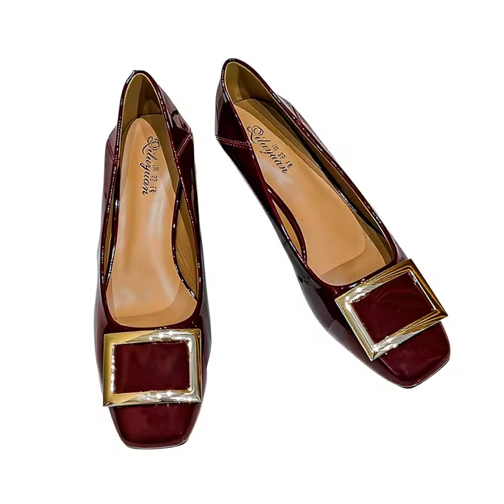 Square Shallow Mouth Button Lacquer Leather Women's Single Shoes