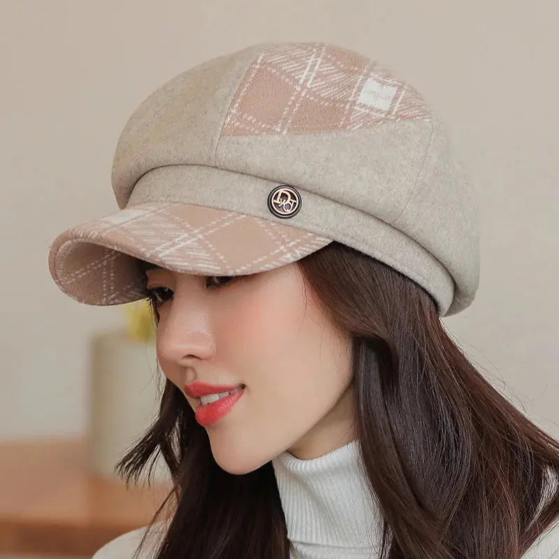 Cap Visors for Women Woolen Plaid Vintage Spring Autumn Navy Caps Flat Top Classic Beret British Newsboy Octagonal Hat Natalia Home Fashion    Natalia Home Fashion