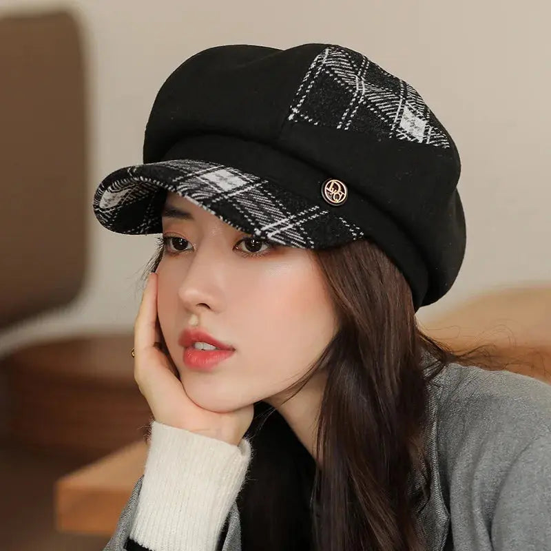 Cap Visors for Women Woolen Plaid Vintage Spring Autumn Navy Caps Flat Top Classic Beret British Newsboy Octagonal Hat Natalia Home Fashion   1 Natalia Home Fashion
