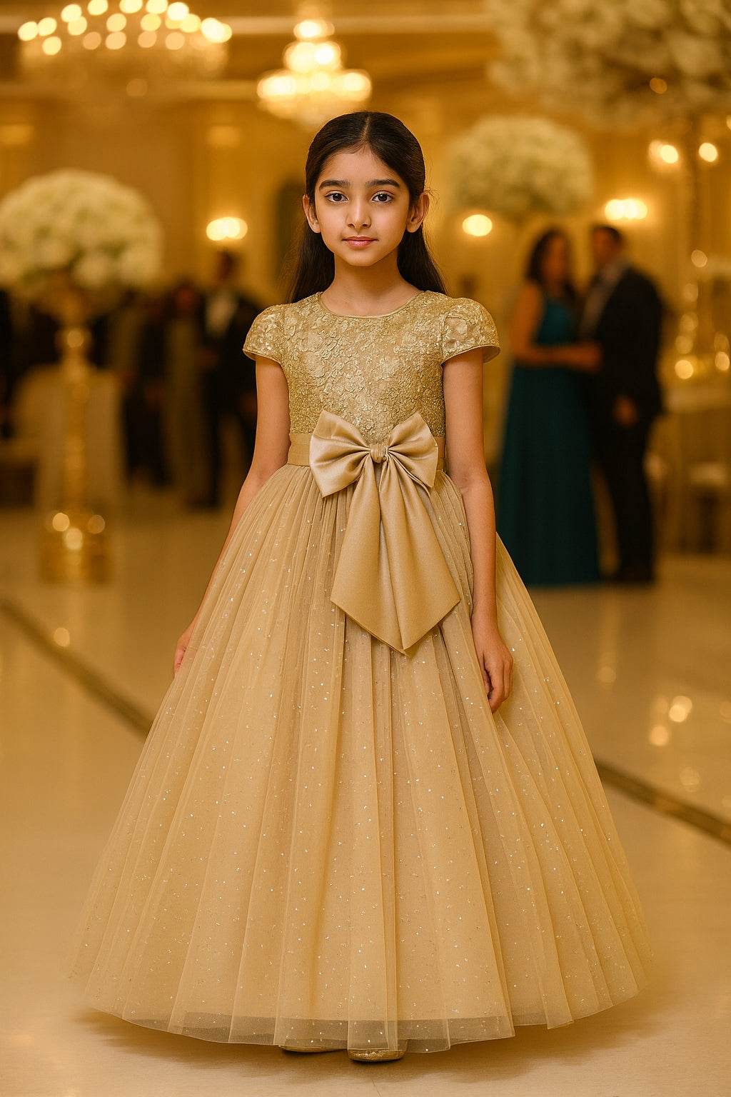 Girls Flower Embroidery Party Dress Kids Big Bow Long Wedding Bridesmaid Prom Gown Girl Fashion Lace Birthday Clothes Costumes