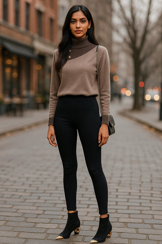 Sweaters Women Contrast Color Button Patchwork Chic Long Sleeve Loose Pullovers Knitted Tops