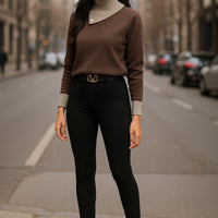 Sweaters Women Contrast Color Button Patchwork Chic Long Sleeve Loose Pullovers Knitted Tops