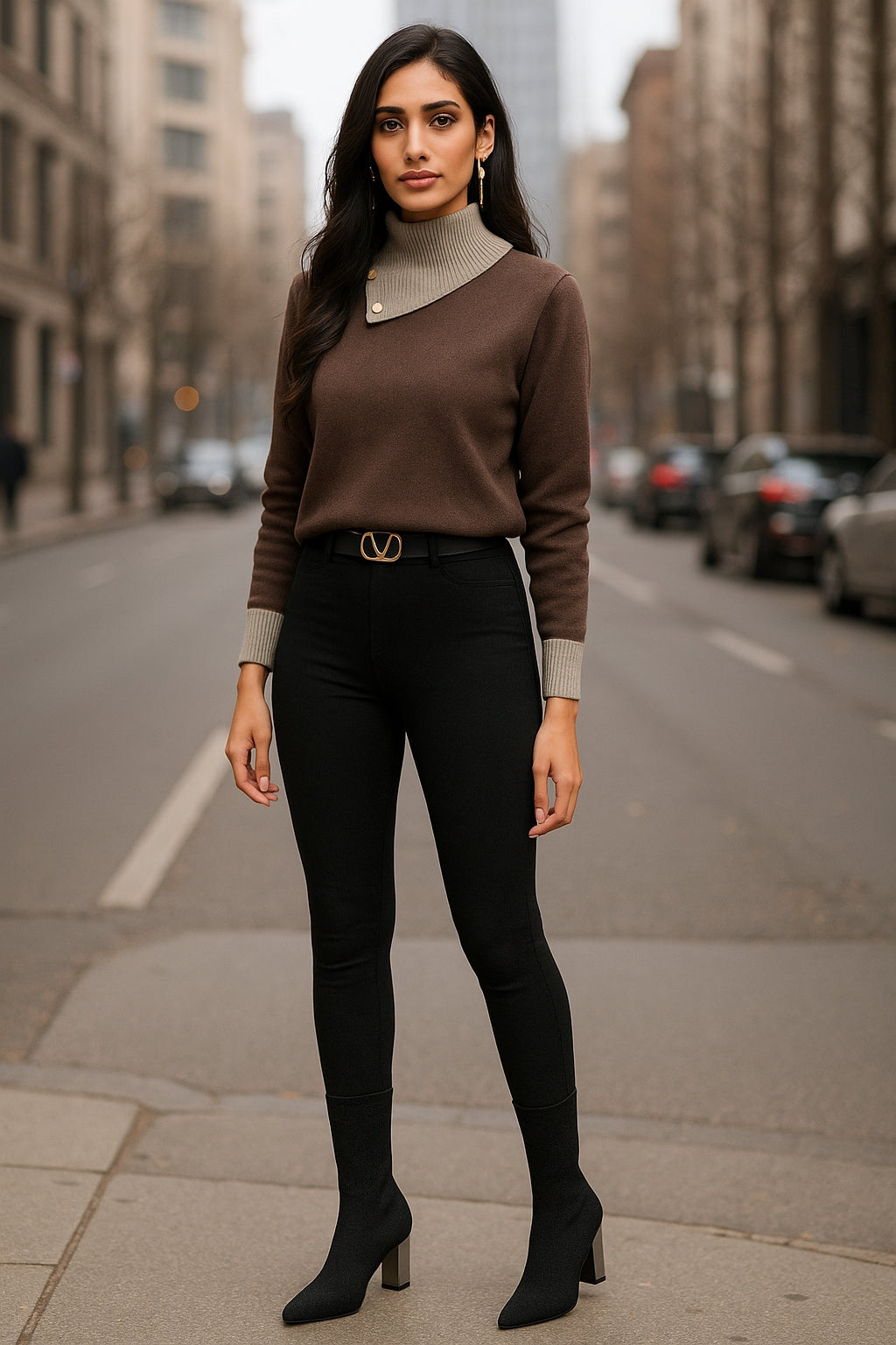 Sweaters Women Contrast Color Button Patchwork Chic Long Sleeve Loose Pullovers Knitted Tops