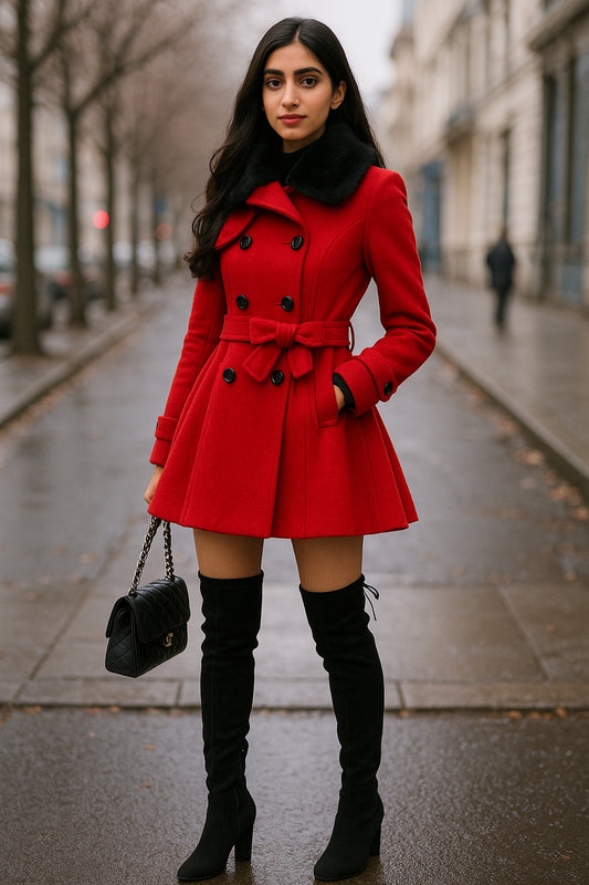 Women's Jacket Windbreaker Warm Plush Thick Clothes Double Breasted Belt Slim Lapel Coat - Natalia Home Fashion