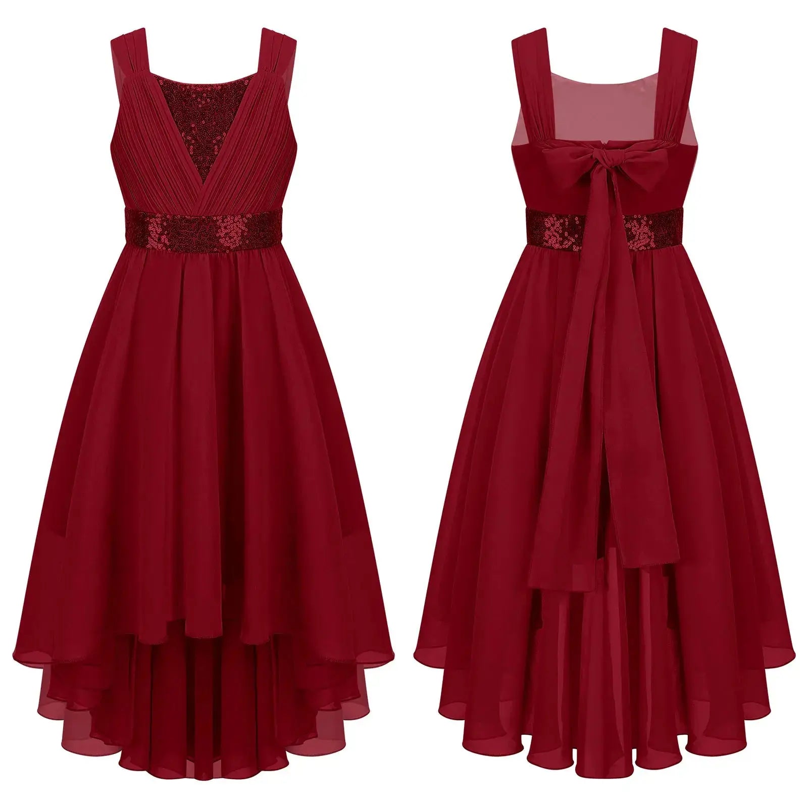 Children Flower Girls Dress Elegant Chiffon Princess Wedding Birthday Formal Party Dress Sleeveless Sequin Hi-low Maxi Gown Natalia Home Fashion   Burgundy-4 Natalia Home Fashion