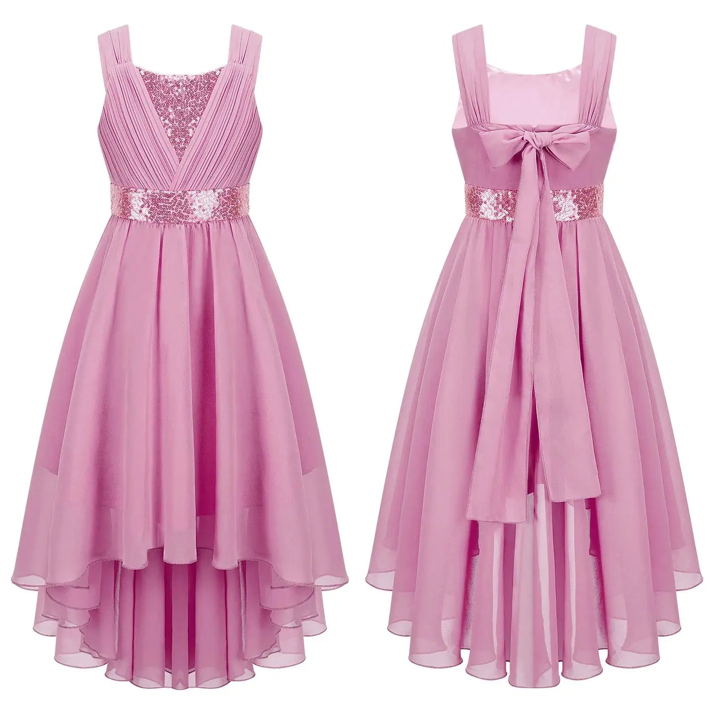 Children Flower Girls Dress Elegant Chiffon Princess Wedding Birthday Formal Party Dress Sleeveless Sequin Hi-low Maxi Gown Natalia Home Fashion   Pink-14 Natalia Home Fashion