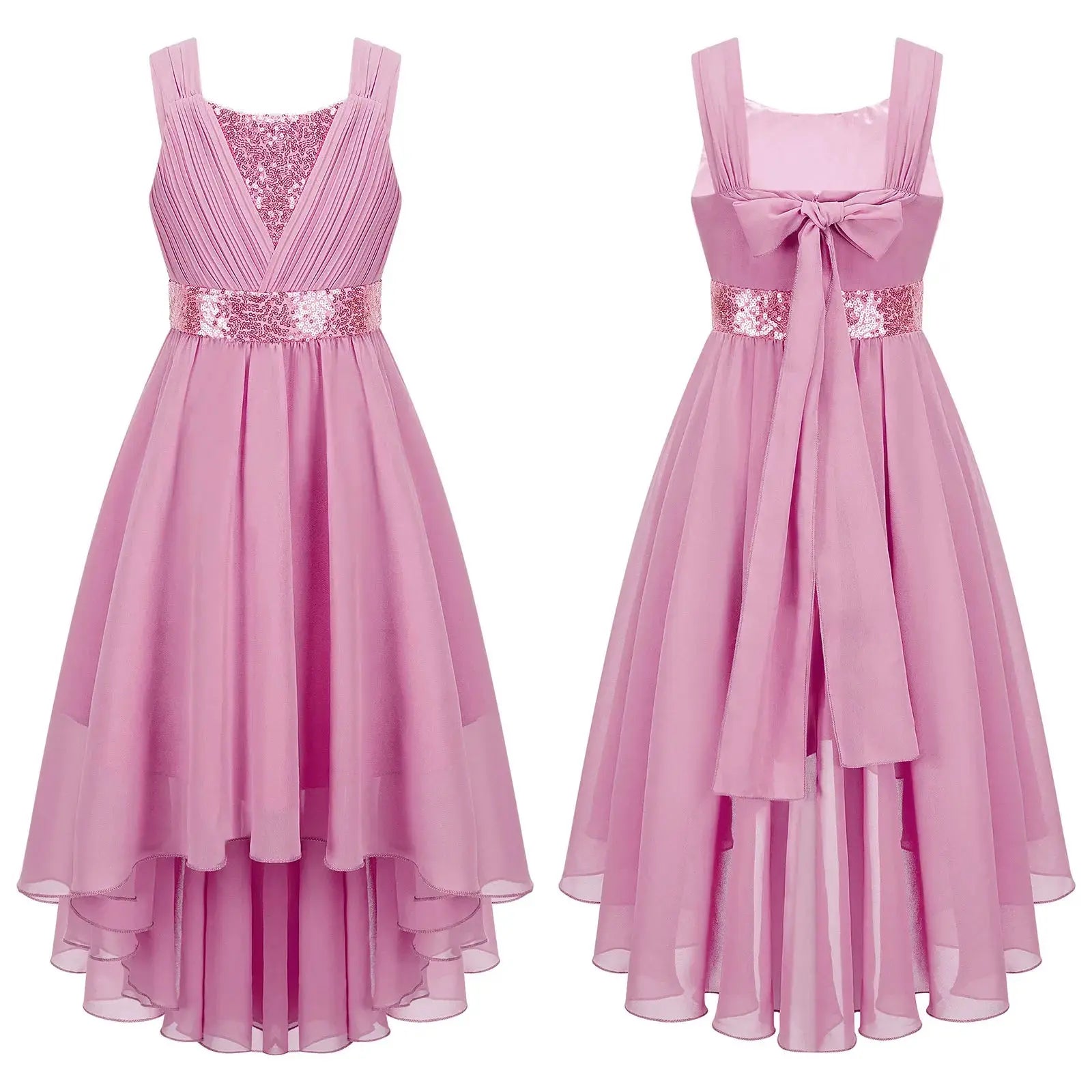 Children Flower Girls Dress Elegant Chiffon Princess Wedding Birthday Formal Party Dress Sleeveless Sequin Hi-low Maxi Gown Natalia Home Fashion   Pink-14 Natalia Home Fashion