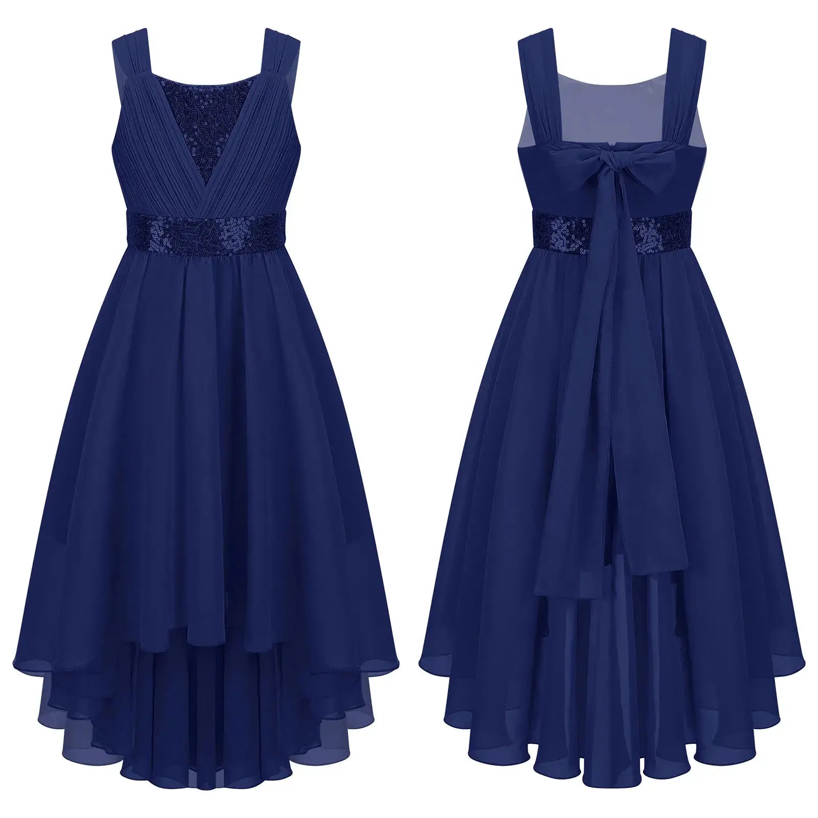 Children Flower Girls Dress Elegant Chiffon Princess Wedding Birthday Formal Party Dress Sleeveless Sequin Hi-low Maxi Gown Natalia Home Fashion   Navy-Blue-4 Natalia Home Fashion