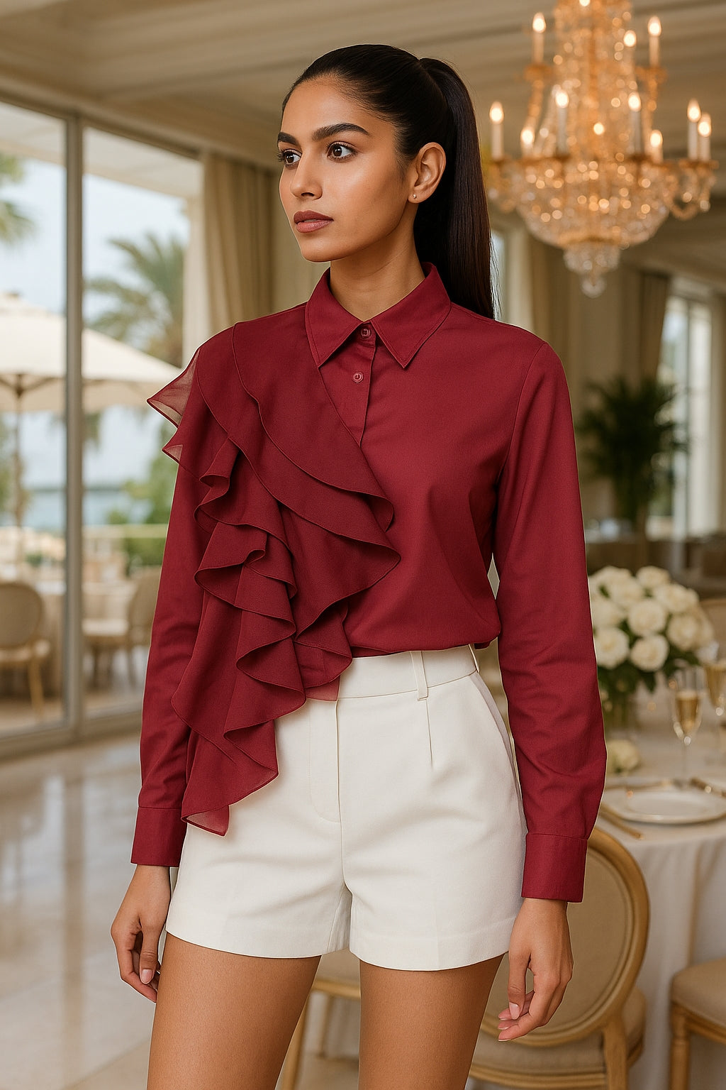 Advanced Style Shirt With Women's Fashion Ruffle Edge Splicing Design Single Breasted Long Sleeved Shirt Women's Loose And Versa